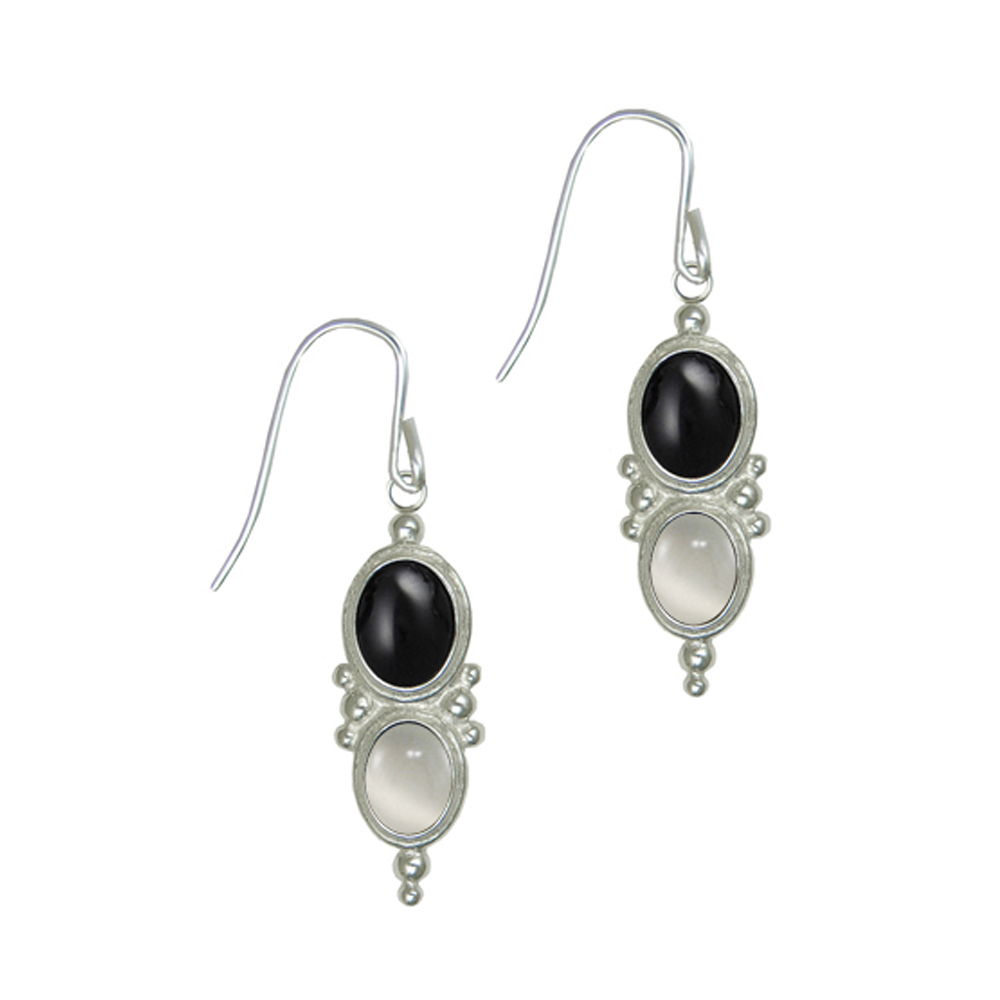 Sterling Silver Black Onyx And White Moonstone Gemstone Drop Dangle Earrings